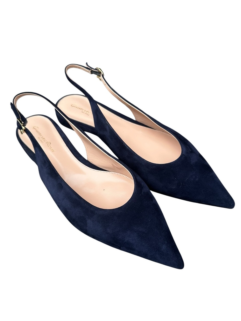 GIANVITO ROSSI Robbie Navy Suede Pointed Toe Slingback Flats